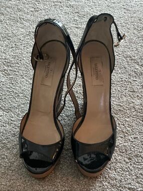 Valentino Black Patent Peep-Toe Ankle-Strap Platform Heels
